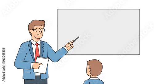 Teacher pointing at board while explaining lesson to student.