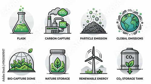 Hydrogen and Biofuel Energy Vector Icons | Sustainable Fuel Clipart | Hydrogen Molecule, Fuel Pump, Station, Industrial Facility, Biomass Corn Plant, Biofuel Flask, Storage Tank Vector