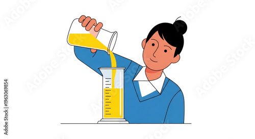Woman pouring liquid into measuring cylinder representing lab experiment.