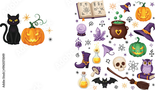 Halloween magic vector set with witch elements, black cat, pumpkin, potions, skull, spells and spooky symbols in cartoon flat illustration style