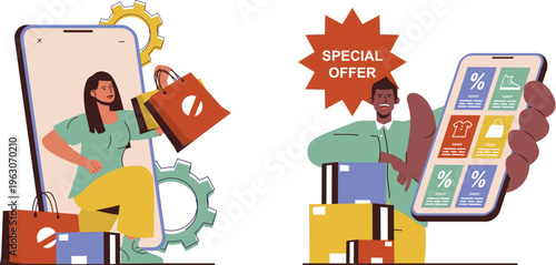 People using smartphones to access shopping deals and promotions with happy expressions and shopping bags