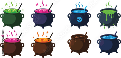 Halloween witch cauldron vector set with bubbling magic potions, spooky smoke, colorful brews and fantasy elements in cartoon flat illustration style