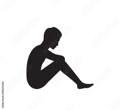 Silhouette of a person sitting with knees drawn up, embodying themes of introspection, loneliness, and contemplation in a minimalist artistic representation
