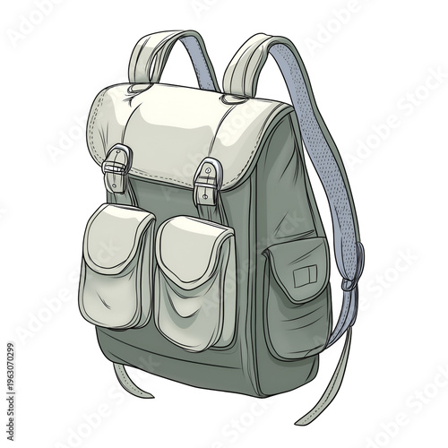 Detailed Illustration of a Classic Brown Leather Rucksack with Buckles and Pockets