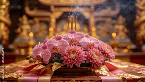 Floral arrangement with incense in temple