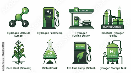 Hydrogen and Biofuel Energy Vector Icons | Sustainable Fuel Clipart | Hydrogen Molecule, Fuel Pump, Station, Industrial Facility, Biomass Corn Plant, Biofuel Flask, Storage Tank Vector