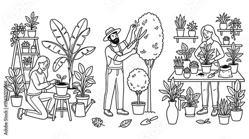 Gardeners working in greenhouse caring for plants and trimming trees.