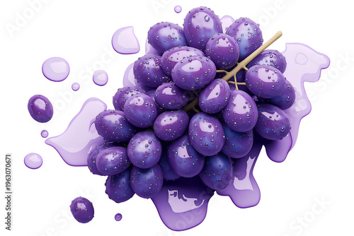 Fresh Vibrant Purple Grapes with Water Droplets and Green Leaf Isolated on White Background
