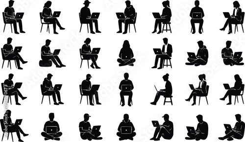 People Using Laptops Vector Silhouette Set Working and Studying