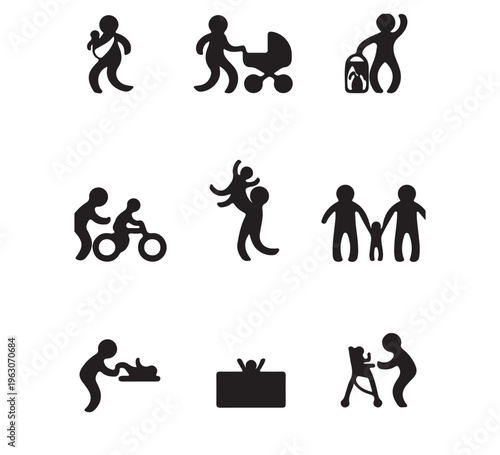 Vector icons for family life, parenting, and child development. Silhouettes illustrate daily care, play, and growth, symbolizing nurturing relationships and familial bonds