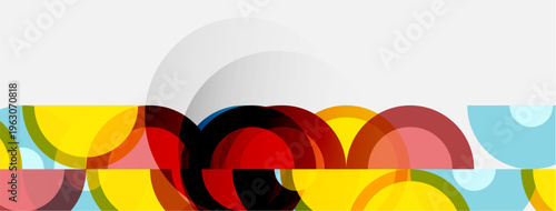 Abstract composition featuring overlapping colorful arcs, circles, plus subtle gray sphere. Modern design, vibrant hues create dynamic visual effect.