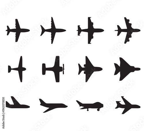 Collection of Silhouettes of Various Aircraft Types, Including Airplanes and Jet Planes, Presented in a Grid Layout for Easy Comparison