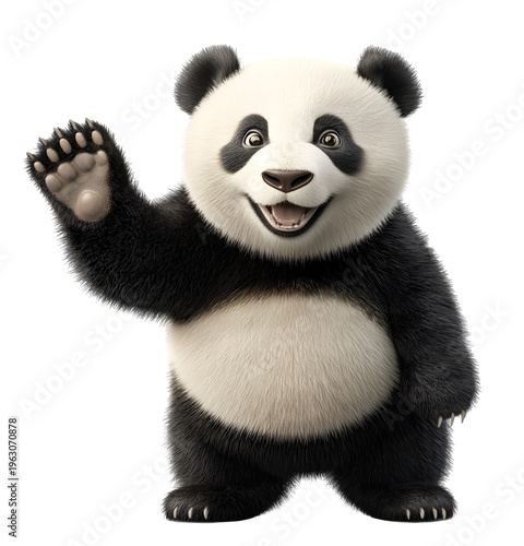 Cutely Animated Giant Panda Waving with Both Paws Isolated on White Background