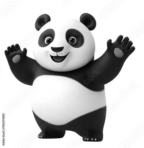 Cutely Animated Giant Panda Waving with Both Paws Isolated on White Background