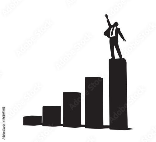 A silhouette of a triumphant individual on the peak of a growing bar chart, symbolizing remarkable business success, steady progress, and the achievement of ambitious goals