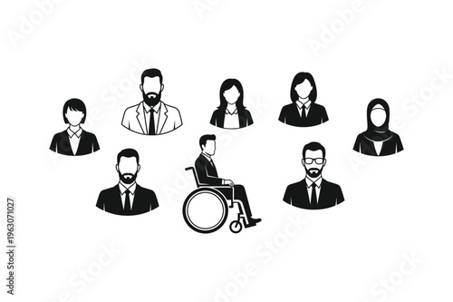 Diverse group of business professionals in silhouette including a person with disability on white background