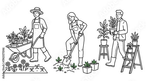 Gardeners working outdoors planting flowers and potted plants.
