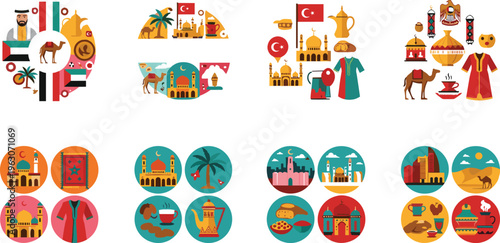 Middle Eastern culture vector set with landmarks, traditional clothing, food, desert elements and travel icons in colorful flat illustration style