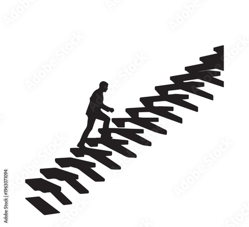 Conceptual illustration of a determined individual climbing abstract stairs, embodying the challenging yet rewarding journey towards ambition, progress, and achieving success