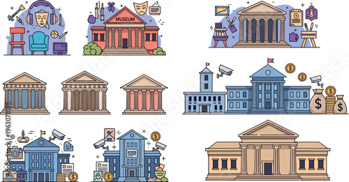 Museum and bank buildings vector set with classical architecture, finance institutions, cultural landmarks and security elements in modern flat illustration style
