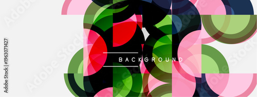 Abstract colorful overlapping circles create dynamic background. Pink, red, green, blue hues blend seamlessly. Modern design element.