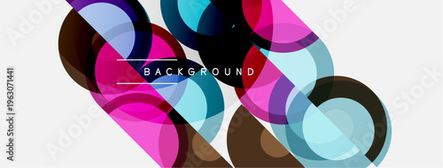 Abstract colorful circles overlap white space. Modern design, vibrant hues create dynamic visual effect. Simple geometry, clean lines.