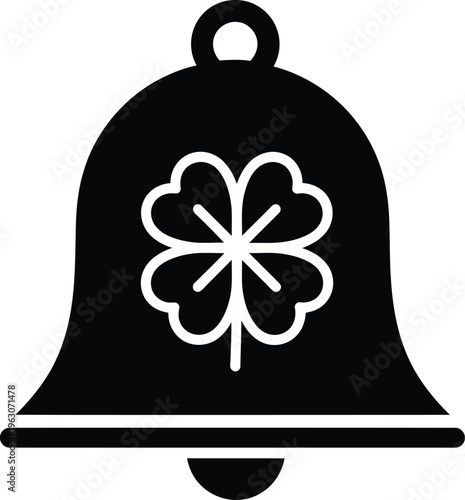 Black silhouette bell icon with white four leaf clover design on a white background 
