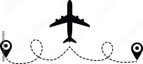 Airplane silhouette flying over a wavy dotted travel route map with location pins on white background