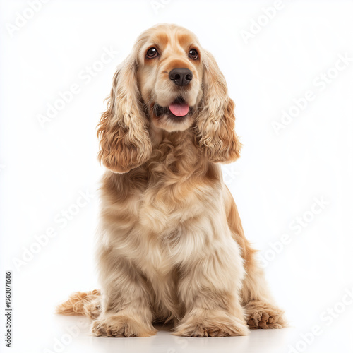A golden Cocker Spaniel sits calmly, displaying its long, wavy fur and friendly expression. The background is plain white, emphasizing the dog's features.
