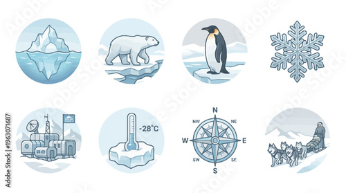 Polar Region Icons Vector Set | Arctic Antarctic Clipart | Iceberg, Polar Bear, Penguin, Snowflake, Research Station, Thermometer, Compass, Dog Sled Team Vector
