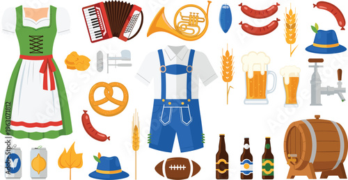 Oktoberfest festival vector set with traditional German clothing, beer mugs, pretzels, sausages, wheat and Bavarian celebration elements in flat illustration style