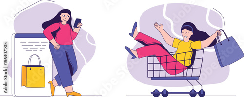 Women enjoying shopping spree with mobile and shopping cart filled with bags of purchases happily