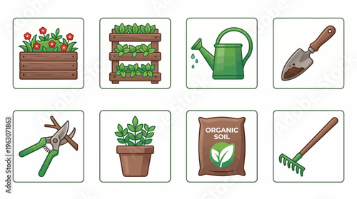 Gardening Tools and Essentials Vector Set | Organic Soil, Planter Box, Vertical Wall Planter, Watering Can, Hand Trowel, Pruning Shears, Flower Pot, Garden Rake Vector