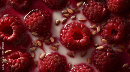 Close-up of fresh raspberries in a creamy yogurt with scattered seeds. The vibrant red color contrasts with the white background, creating an appetizing scene.