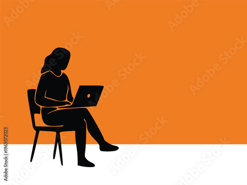 Silhouette of Woman Sitting and Working on Laptop on Orange Background