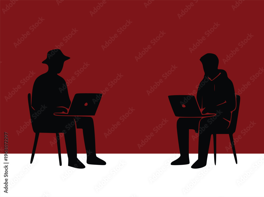 Fototapeta premium Two People Working Remotely on Laptops Silhouette Concept