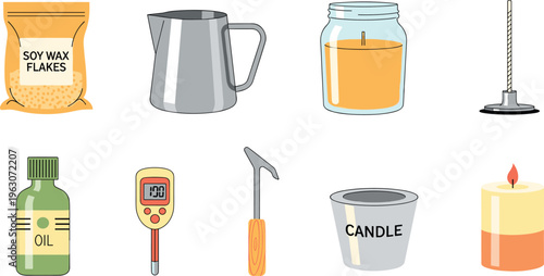 Set of 9 Candle Making and Crafting Icons Including Soy Wax, Oil, Wick, Mold, and More for DIY Candle Making and Craft Design Projects