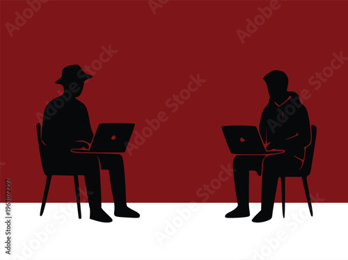 Two People Working Remotely on Laptops Silhouette Concept