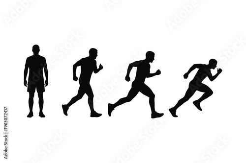Four black silhouette figures of men running in sequence