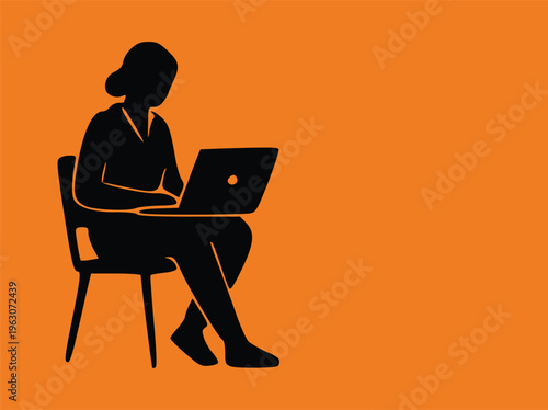 Woman working on laptop silhouette on orange background illustration