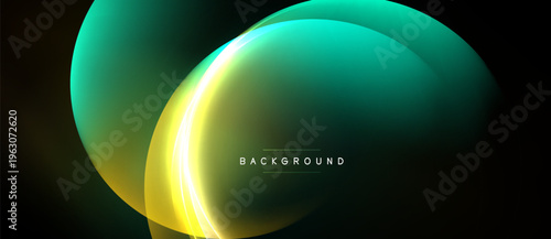 Abstract design features overlapping luminous layers. Teal, yellow hues create dynamic visual effect against dark backdrop. Modern, sleek presentation.