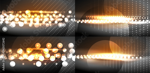 Bright lights form abstract patterns. Golden hues dominate, creating dynamic visual effect. Dots suggest digital space.