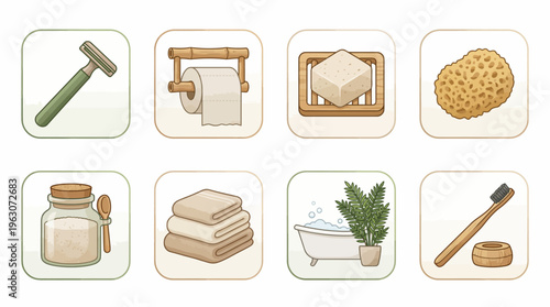 Eco-Friendly Bathroom Essentials Vector Set | Sustainable Bathroom Decor Clipart | Bamboo Toilet Paper Holder, Soap Bar, Sponge, Salt Jar, Towels, Bathtub, Razor, Eco Toothbrush Vector