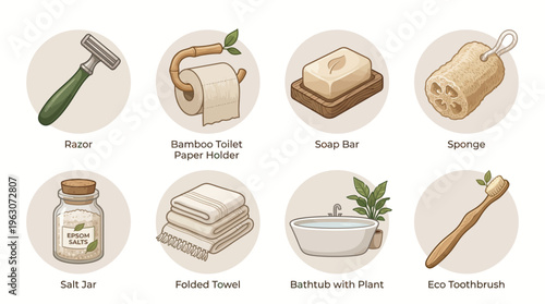 Eco-Friendly Bathroom Essentials Vector Set | Sustainable Bathroom Decor Clipart | Bamboo Toilet Paper Holder, Soap Bar, Sponge, Salt Jar, Towels, Bathtub, Razor, Eco Toothbrush Vector