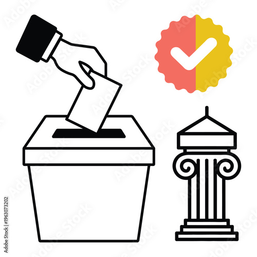 Hand casts a vote into a ballot box next to a Greek column and a checkmark emblem.
