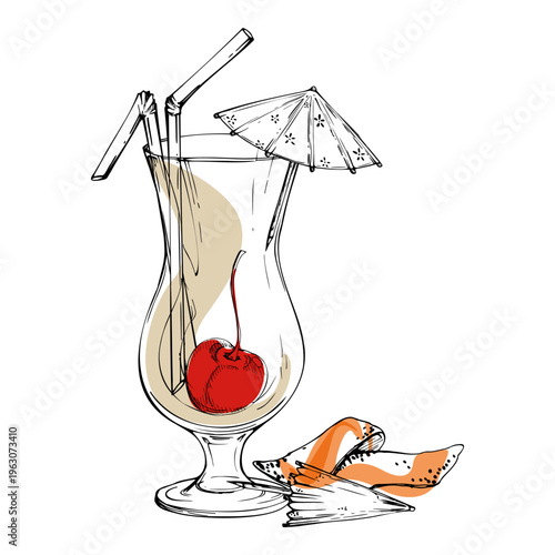 Minimal vector Pina Colada, creamy milkshake hurricane glass with cherry fruit, lemon zest peel, straws and paper umbrellas. Hand drawn in ink for cafe dessert menus, tropical sets, bar design kits.