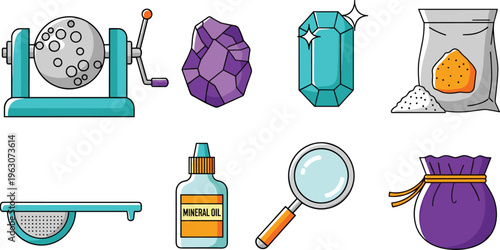 Set of 9 Gemstone and Crafting Icons Including Gemstones, Grinder, Magnifying Glass, Oil, and More for Jewelry Making, Crafts, and Precious Stones Designs
