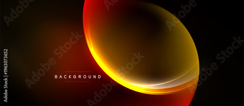 Abstract design features glowing curves, warm colors. Dark background emphasizes bright shapes, creating dynamic visual effect.