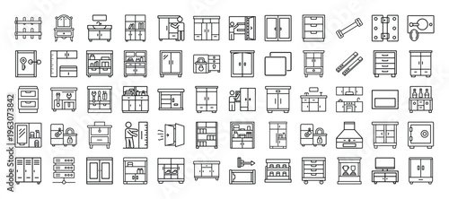 Collection of various furniture and home decor icons in black line art style