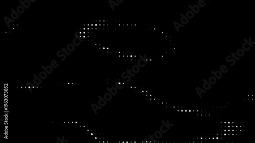 Dynamic halftone waves effect. White dots on black background. Digital glitch noise. Halftone animation. Randomly glowing dots. Bussines data and technology bacground. Video effect.